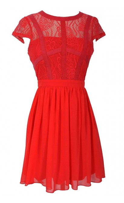 Capsleeve Lace Top Dress With Contrast Ribbon Overlay in Coral